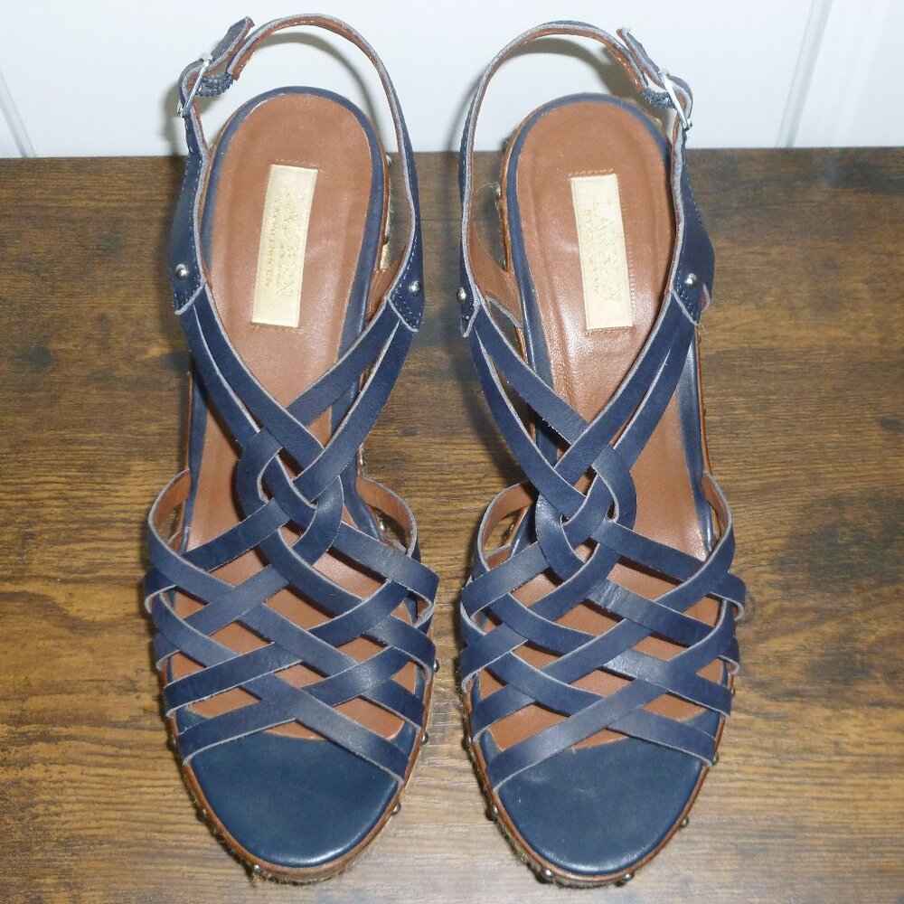Ralph Lauren Navy Blue Strappy Espadrilles Wedges w/Adjustable Ankle Straps
